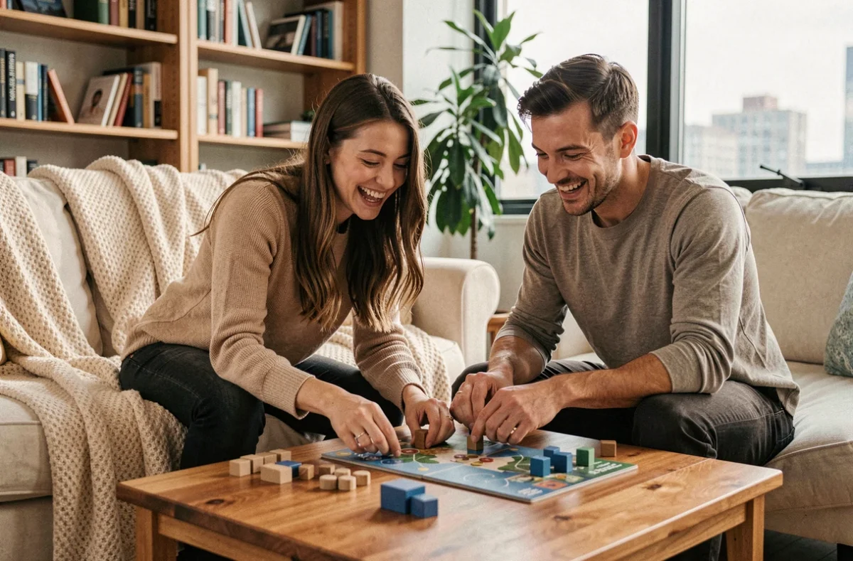Deux amis jouant à un jeu de société dans un appartement cosy avec décoration moderne et plantes vertes