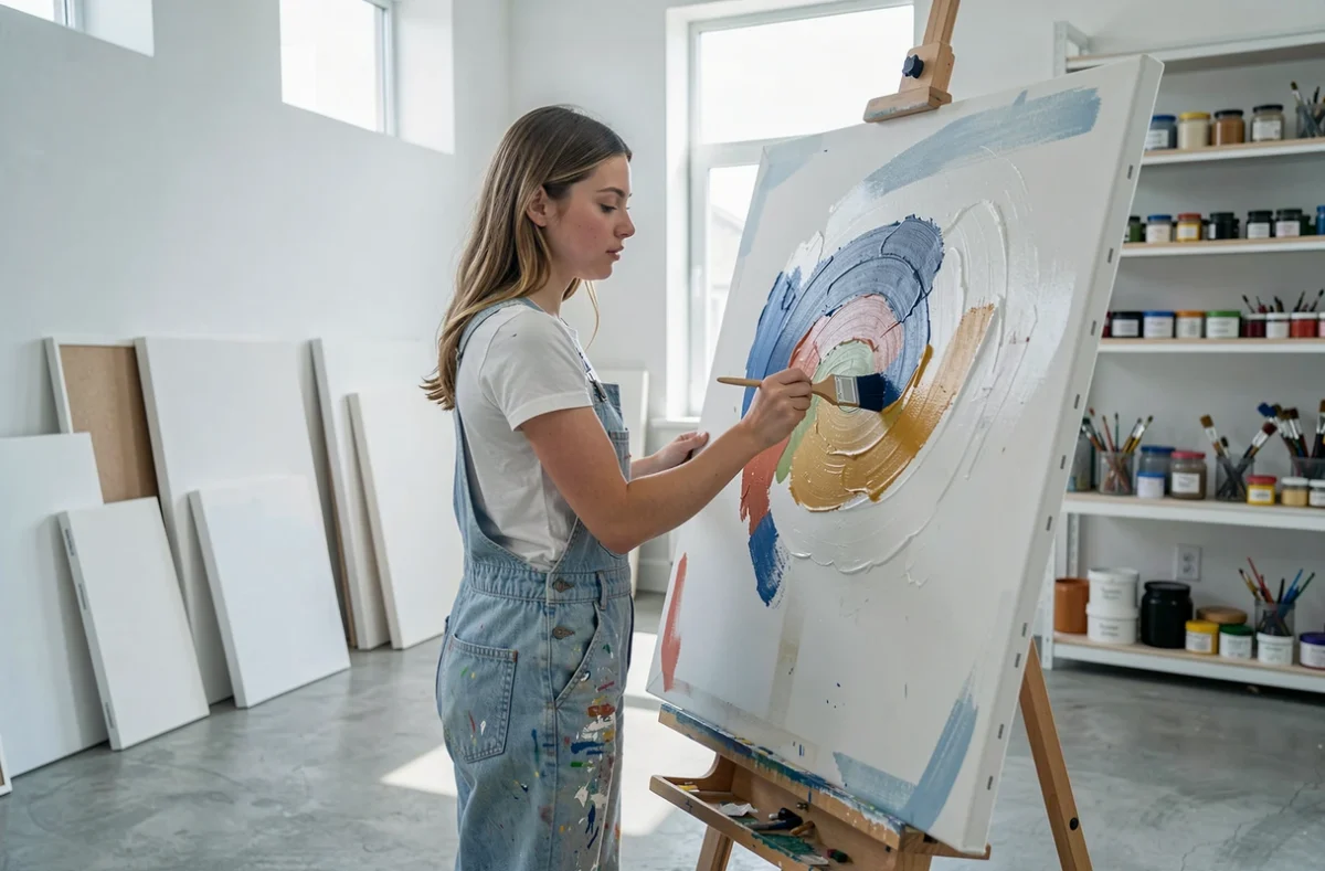 Jeune femme peignant sur une grande toile dans un studio d'art lumineux avec des œuvres en cours sur les murs
