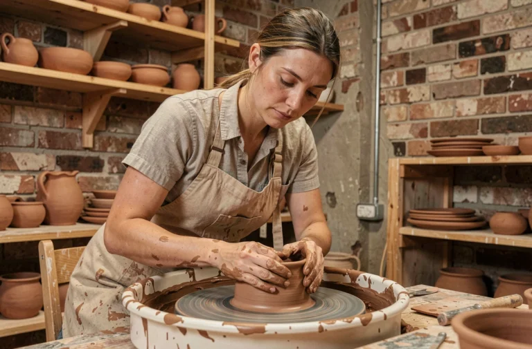 Femme en train de façonner un bol en argile sur un tour de poterie dans un atelier artisanal rustique