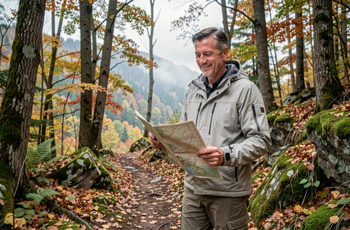 Homme en randonnée dans une forêt automnale tenant une carte topographique sur un sentier de montagne