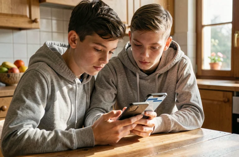 Adolescent comparant des forfaits mobiles Free sur son smartphone à la cuisine