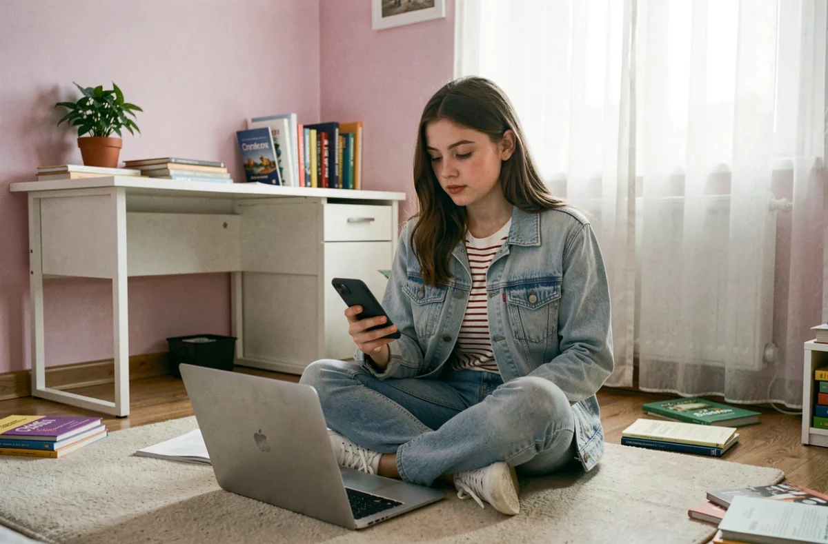 Adolescente choisissant un forfait mobile Free sur ordinateur et smartphone dans sa chambre