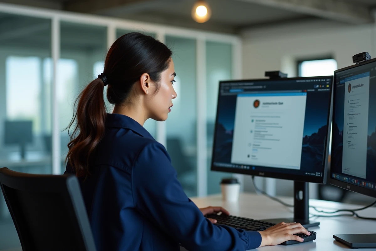 Femme analysant les résultats d'un antivirus après avoir téléchargé un logiciel depuis un site tiers