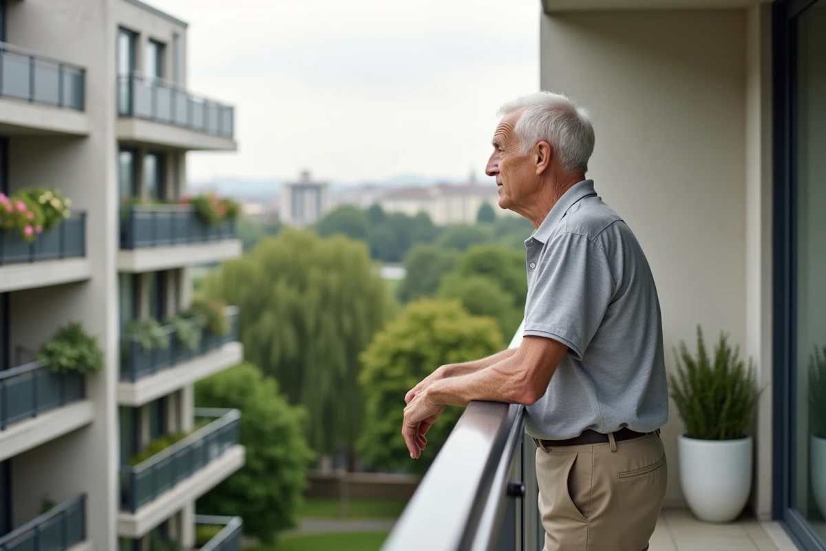 Homme senior sur le balcon d'un appartement en résidence Domitys avec vue sur la ville d'Angers ou Lyon