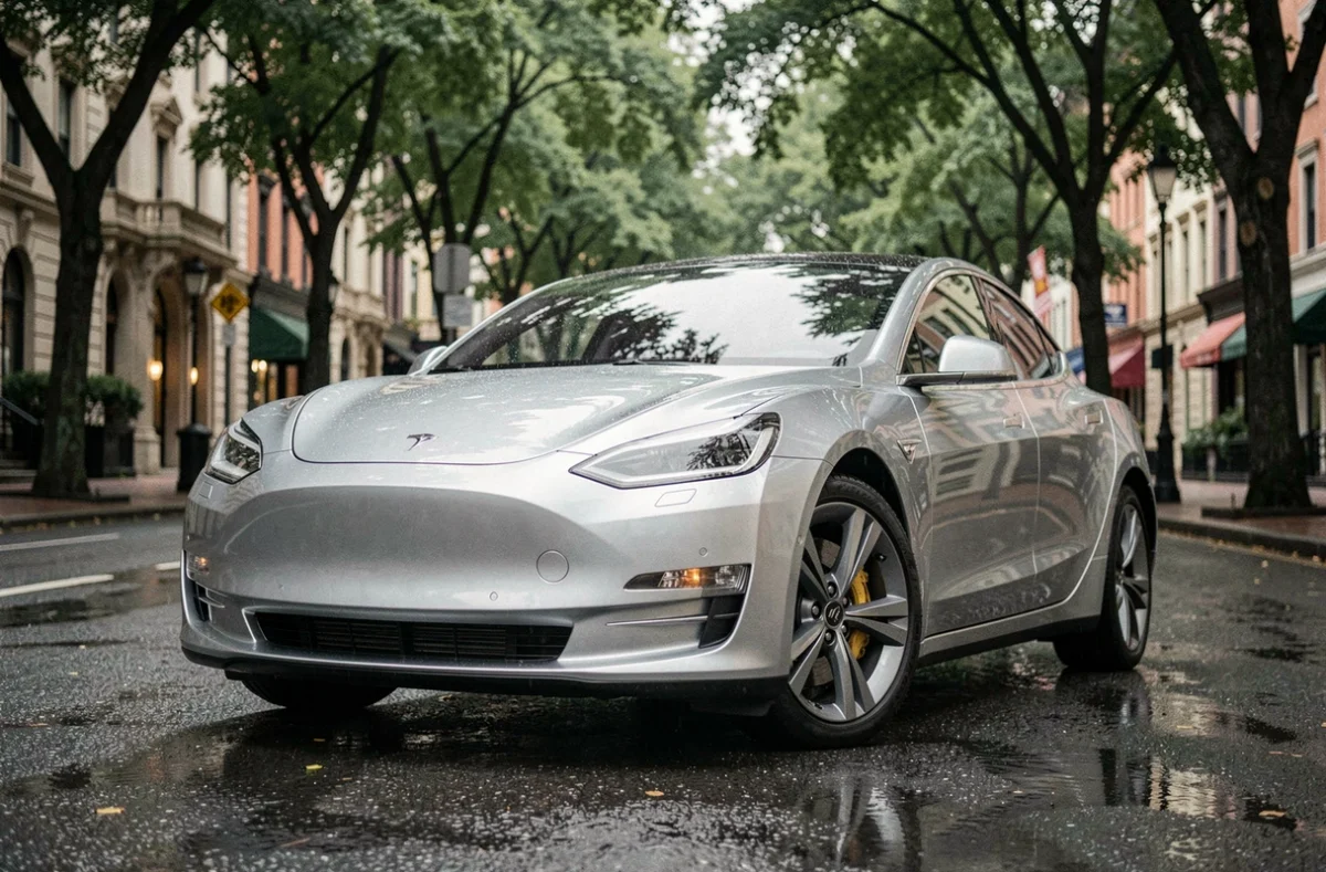 Berline électrique moderne garée dans une rue urbaine sous la pluie, reflets sur carrosserie métallique argentée