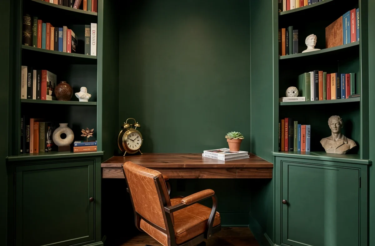Bureau à domicile aménagé dans une alcôve peinte en vert forêt avec fauteuil en cuir cognac et bibliothèque intégrée
