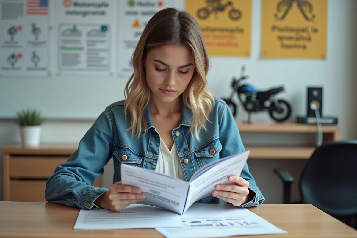 Candidate étudiant le code de la route moto dans une auto-école espagnole pour obtenir le permis 125