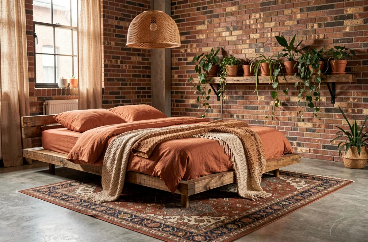 Chambre bohème moderne avec literie en lin terracotta, plantes suspendues et tapis persan vintage sur sol béton