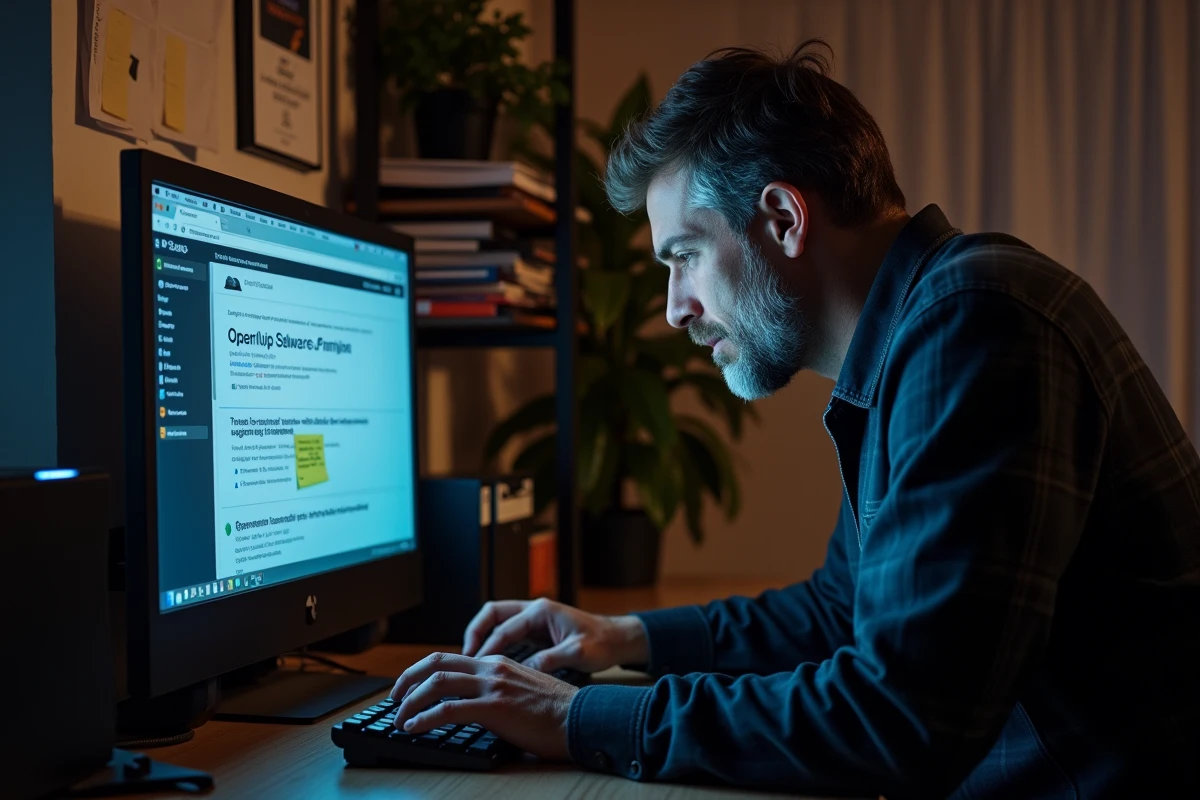 Homme comparant des plateformes de téléchargement de logiciels pour évaluer leur fiabilité et sécurité