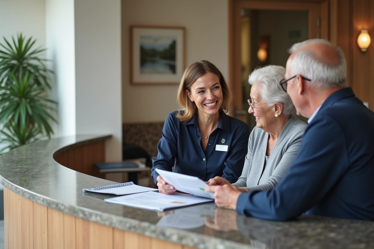 Conseillère de résidence senior Domitys présentant les tarifs à un couple de retraités à l'accueil