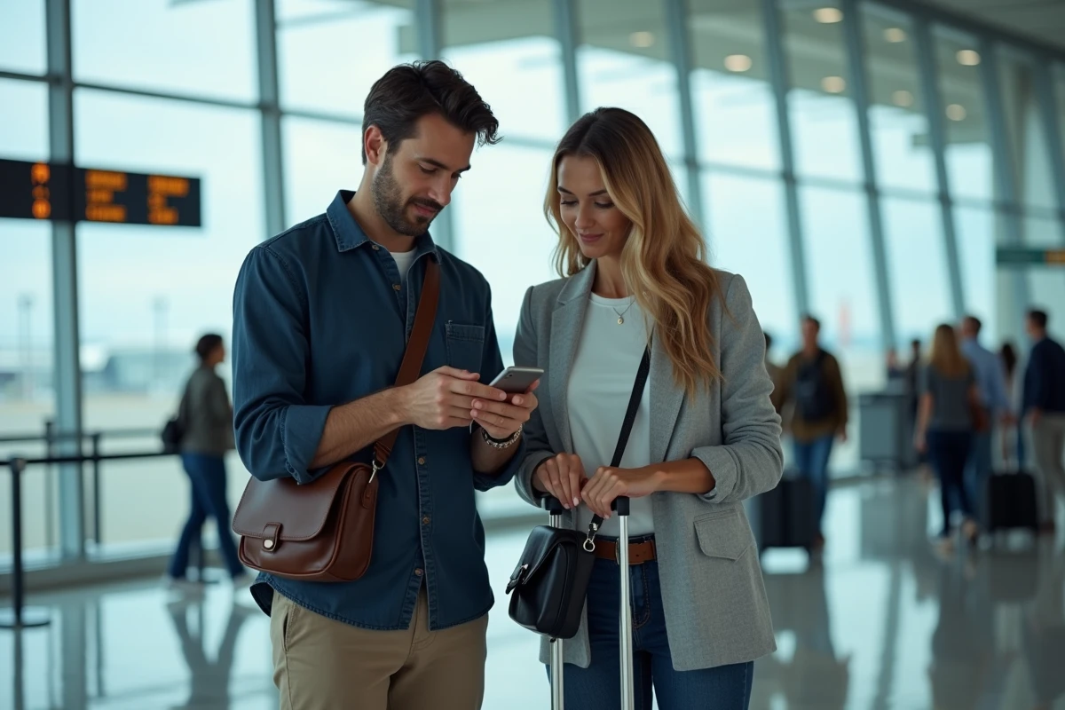 Couple organisé à l'aéroport consultant leur billet d'avion sur smartphone avant un voyage serein
