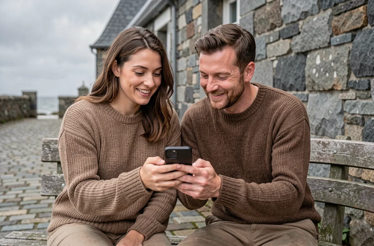 Couple découvrant ensemble le plan du site Little Breizh en extérieur en Bretagne