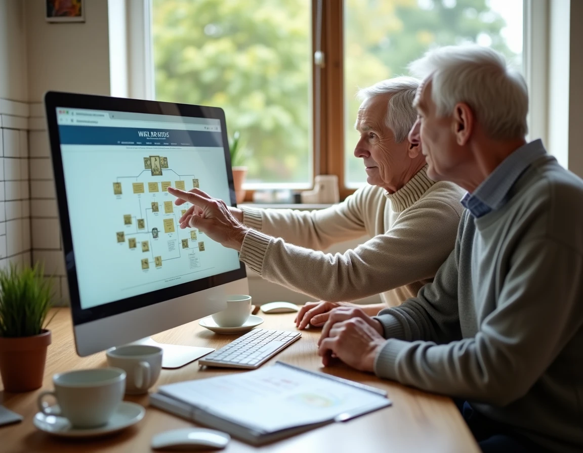 Couple de retraités explorant ensemble un arbre généalogique sur ordinateur entourés de revues et documents de recherche familiale