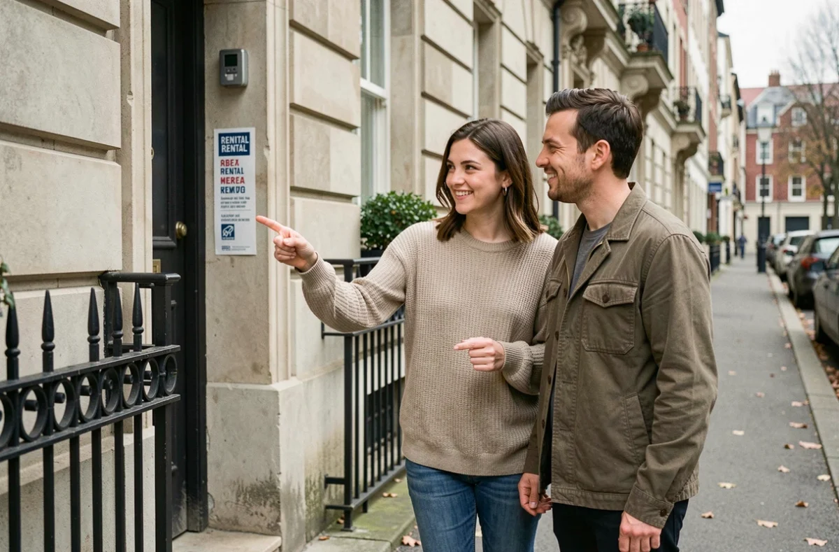 Couple devant un immeuble résidentiel examinant une annonce de location appartement en ville
