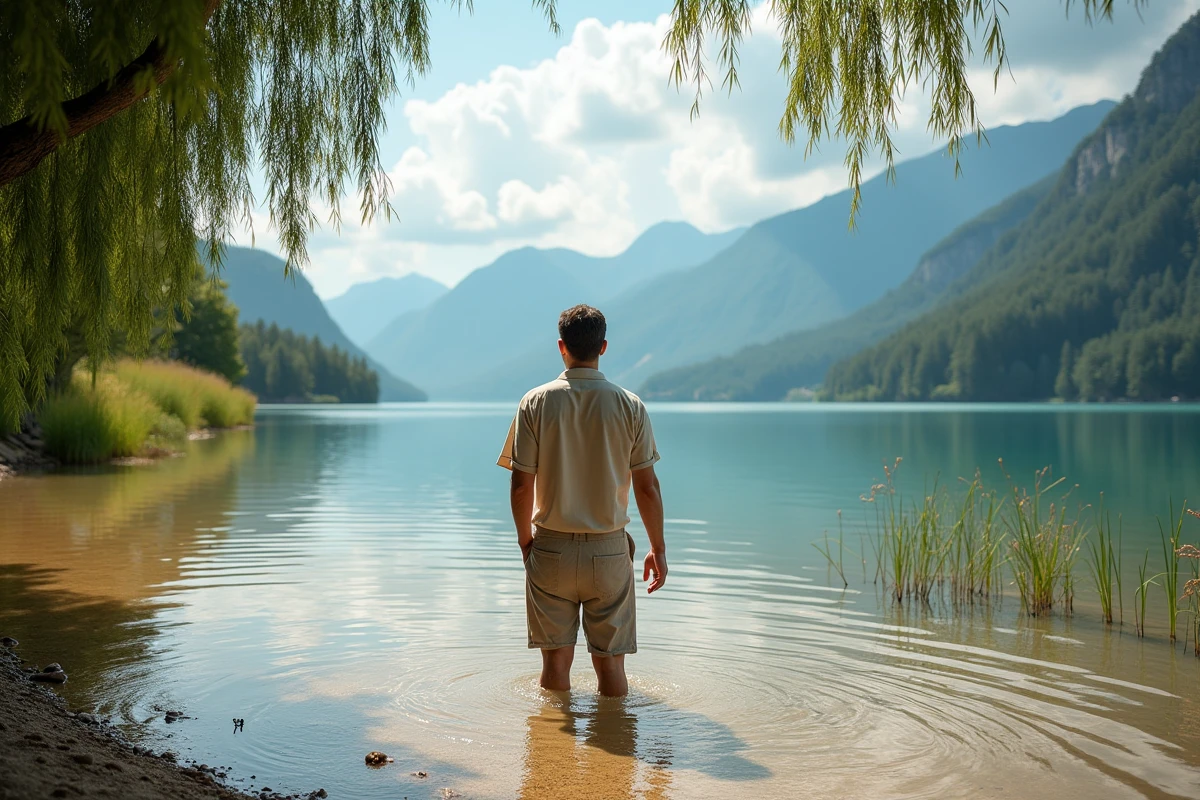 Homme debout dans l'eau claire d'une crique cachée du lac du Bourget, entouré de roseaux et de saules pleureurs