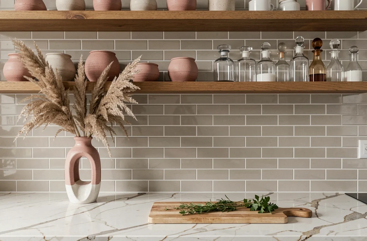 Cuisine contemporaine avec étagères ouvertes, céramiques artisanales, herbes fraîches et plan de travail en pierre effet marbre