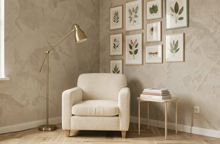 Coin salon décoré dans un style scandinave avec fauteuil boucle crème, lampadaire doré et mur de cadres botaniques