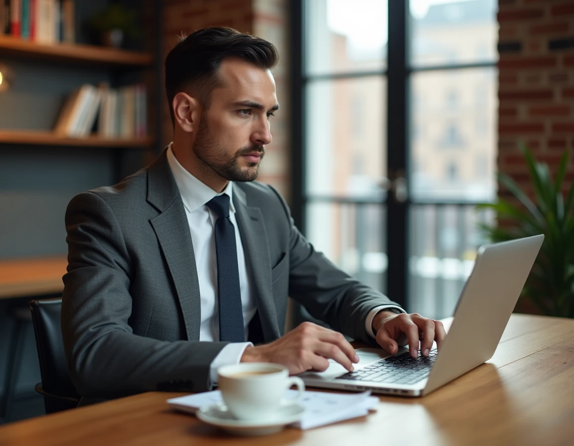 Chef d'entreprise B2B travaillant sur une campagne de marketing digital dans un espace de coworking
