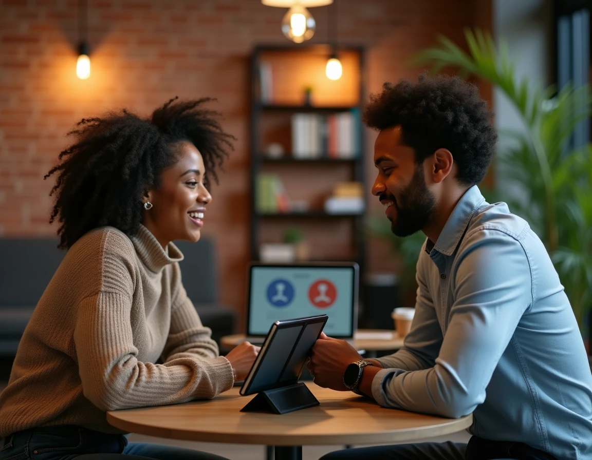 Deux personnes utilisant un traducteur audio en ligne sur tablette dans un espace de coworking