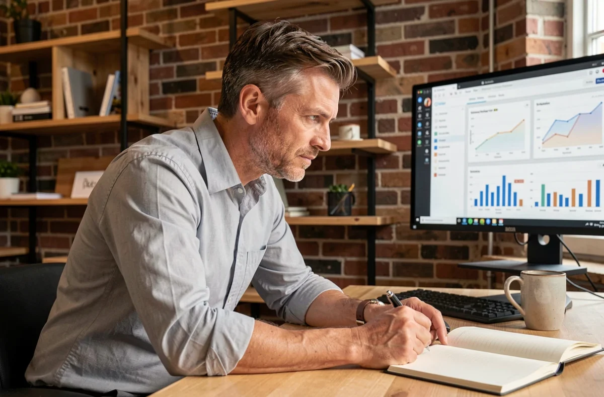 Entrepreneur analysant des données d'entreprise sur un écran dans un espace de travail de startup moderne, nouvelles tendances business