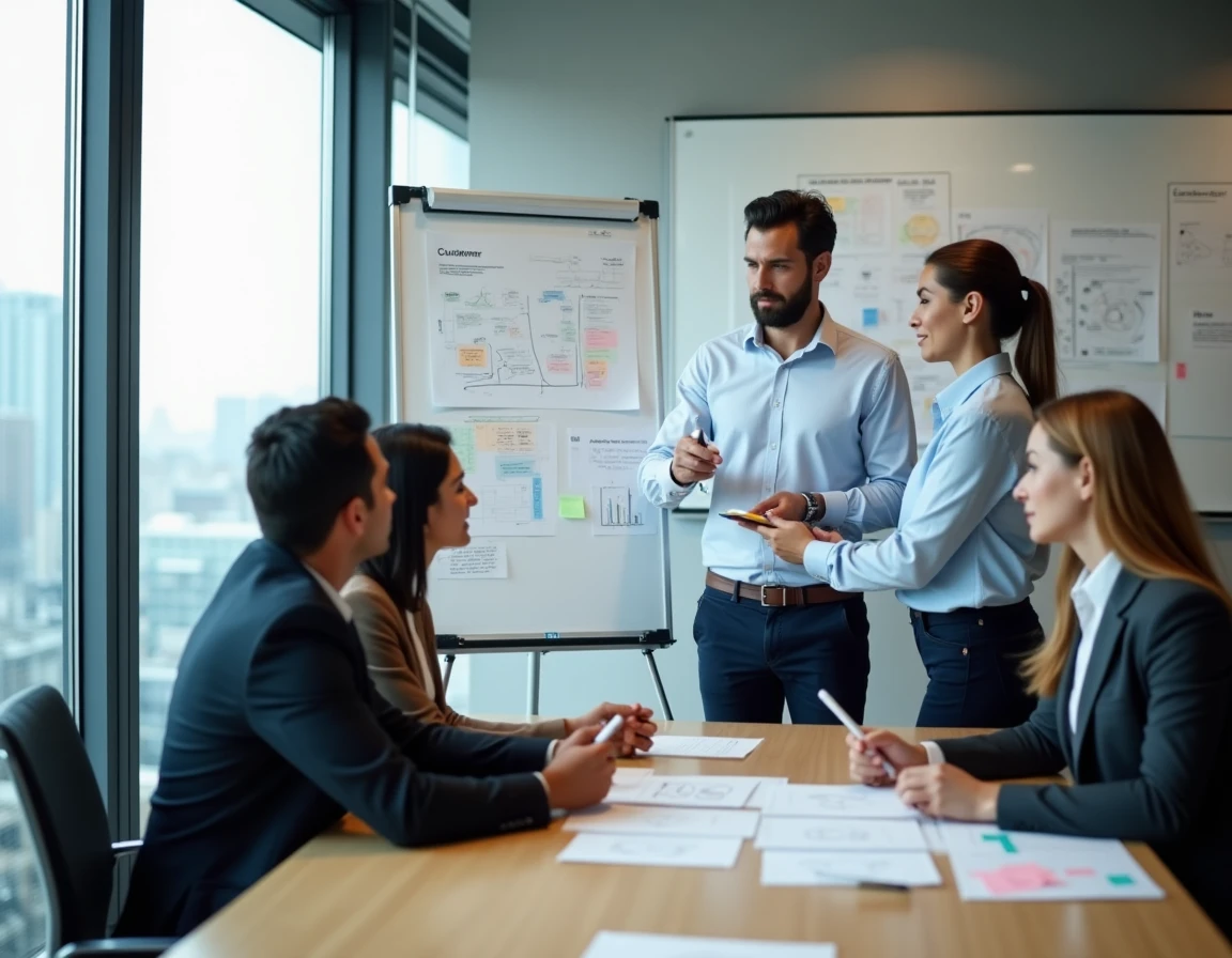 Équipe B2B collaborant sur une stratégie de marketing digital autour d'un tableau blanc en salle de réunion