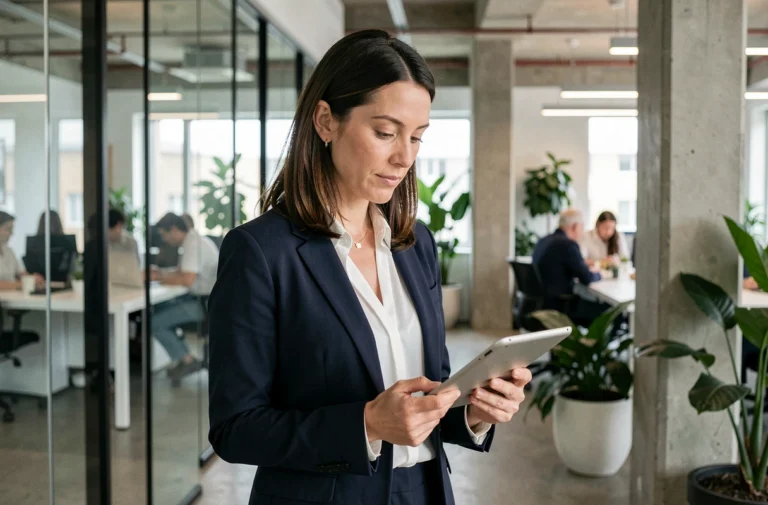 Femme d'affaires professionnelle consultant une tablette dans un bureau moderne et lumineux, tendances entreprise 2024