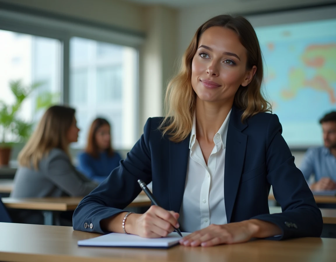 Femme professionnelle prenant des notes lors d'une formation en entreprise dans une salle de réunion moderne