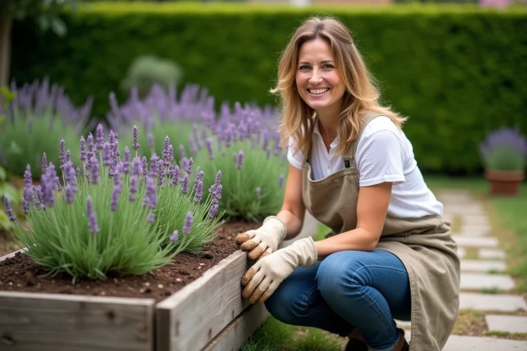 Femme jardinant dans un potager surélevé en bois entouré de lavande et d'herbes aromatiques dans un jardin soigné