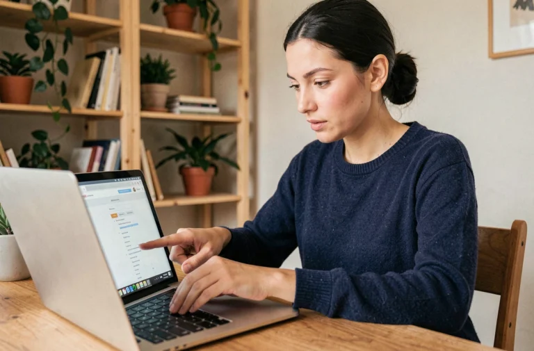 Femme naviguant sur le plan du site Little Breizh depuis son bureau à domicile