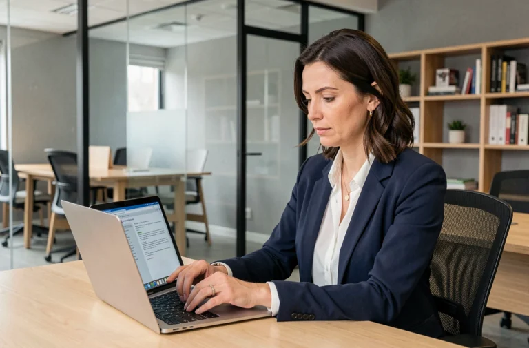 Femme professionnelle consultant des documents sécurisés sur ordinateur portable dans un bureau moderne, illustrant la gestion documentaire avec un coffre-fort numérique Arkevia