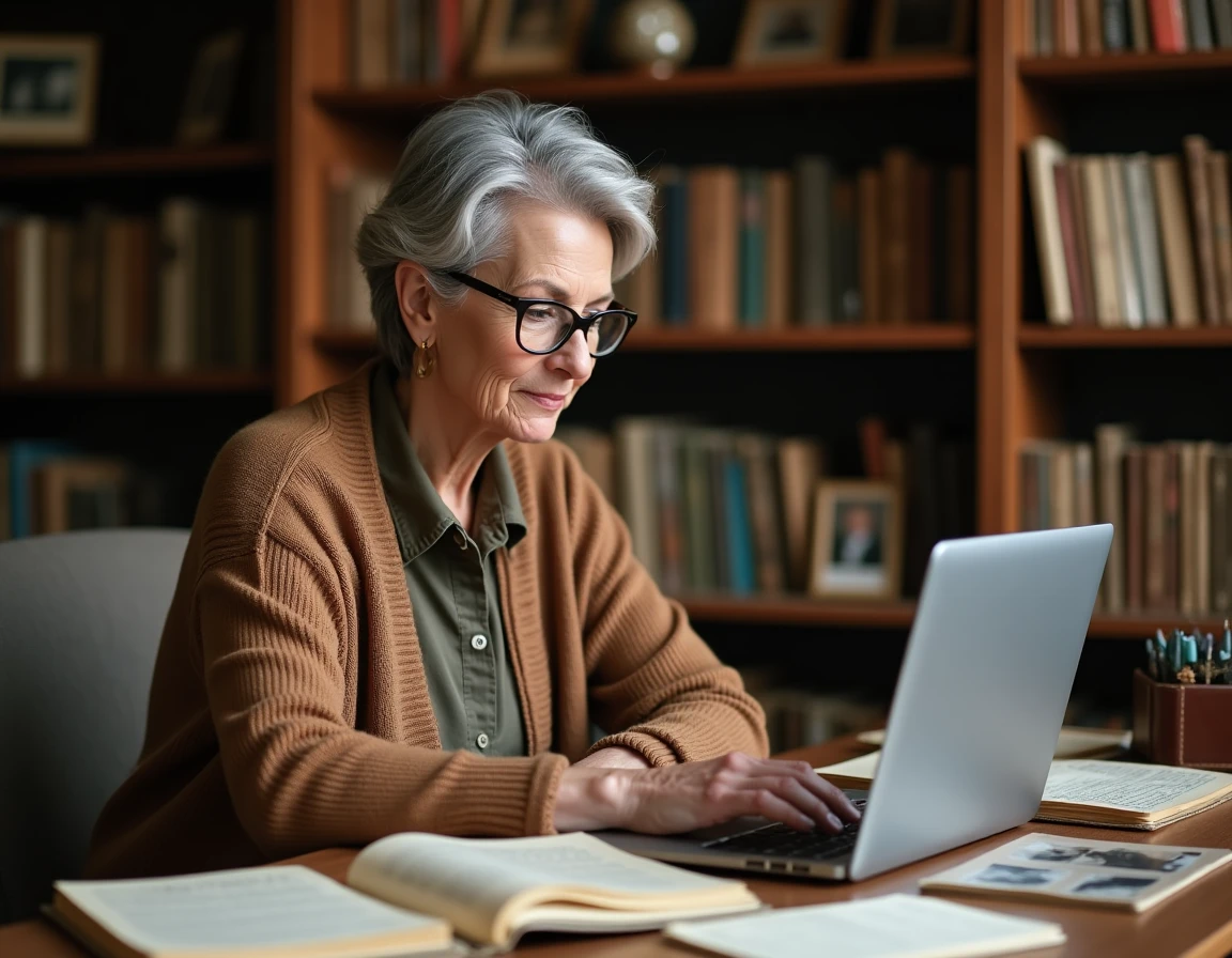 Femme d'âge mûr consultant un site de généalogie sur son ordinateur portable entourée de photos de famille et documents anciens