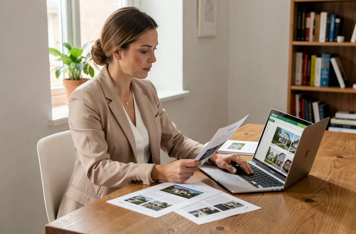 Femme consultant des offres de location immobilière sur ordinateur portable dans un bureau à domicile moderne