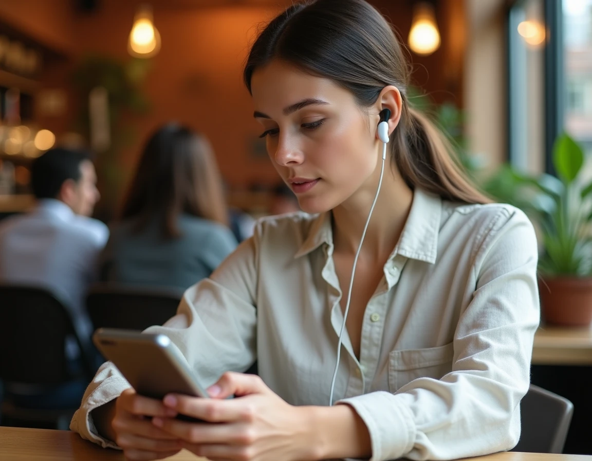 Jeune femme utilisant un traducteur audio en ligne sur smartphone dans un café