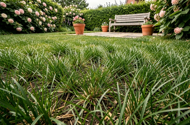 Pelouse de gazon hybride C4 dense et verdoyant dans un jardin soigné avec patio en pierre et haies fleuries