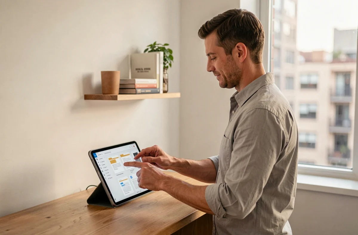 Homme utilisant une tablette pour accéder à un coffre-fort numérique sécurisé depuis son bureau à domicile, représentant la gestion de documents en ligne avec Arkevia