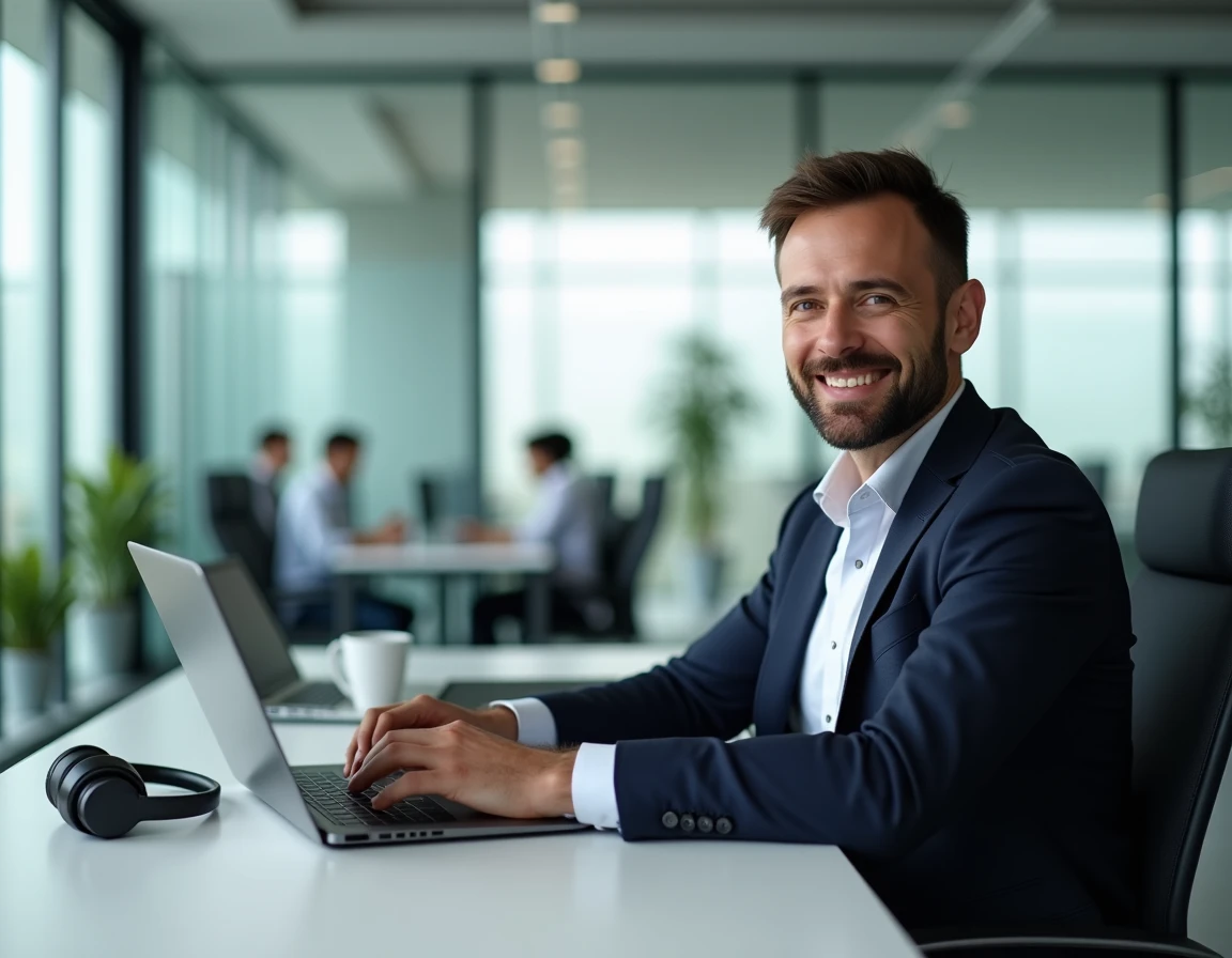 Homme d'affaires utilisant un service de traduction audio en ligne au bureau