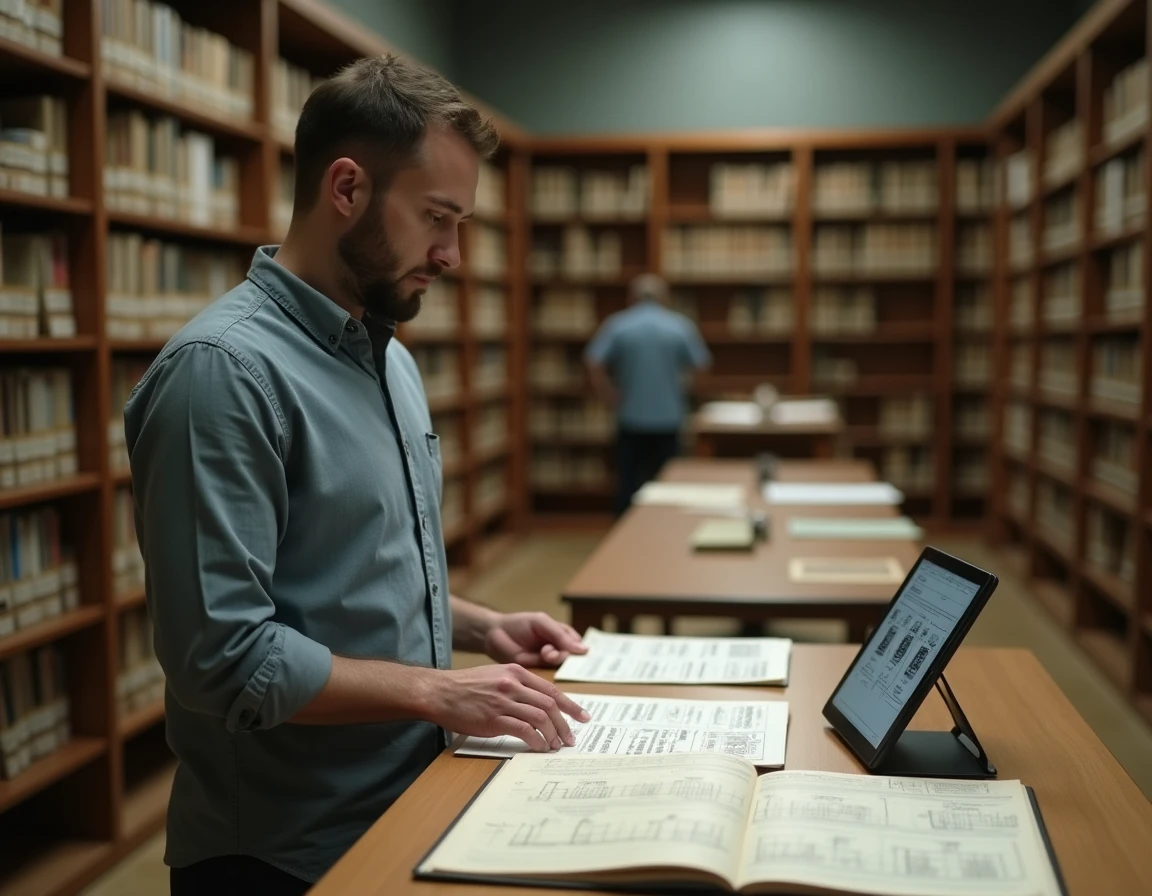 Homme comparant deux rapports de généalogie imprimés dans une bibliothèque d'archives avec tablette affichant un arbre généalogique