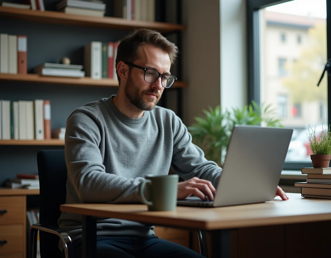 Homme en télétravail suivant une formation professionnelle en ligne depuis son bureau à domicile