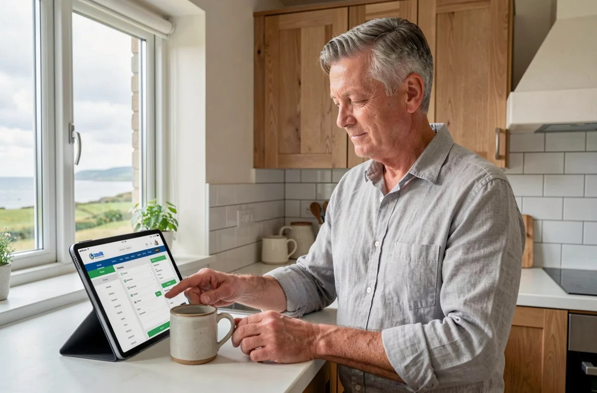 Homme consultant le plan du site Little Breizh sur une tablette dans une cuisine bretonne
