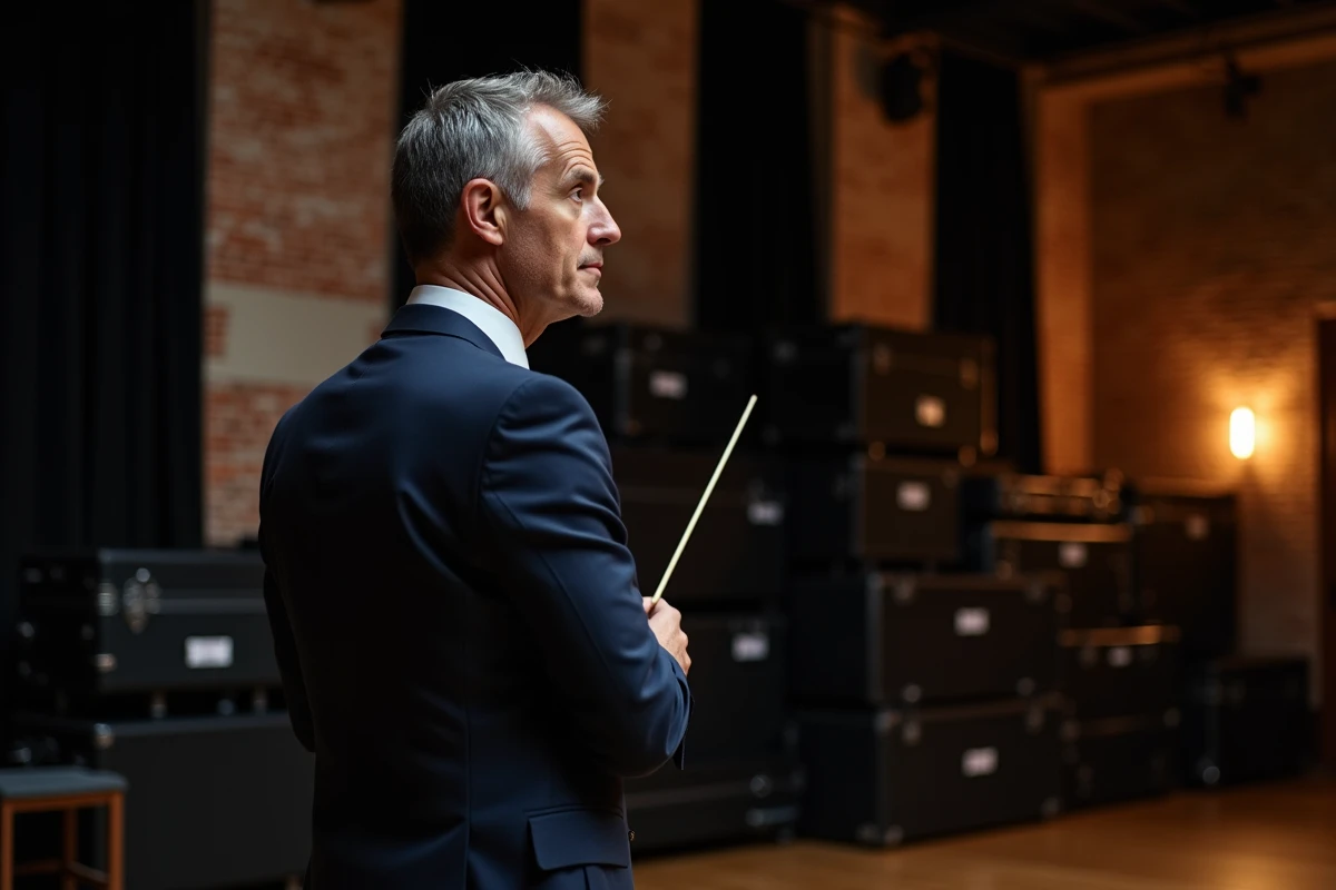 Igor Tikovoi en coulisses avant un concert, baguette de chef d'orchestre à la main, illustrant son parcours de carrière musicale