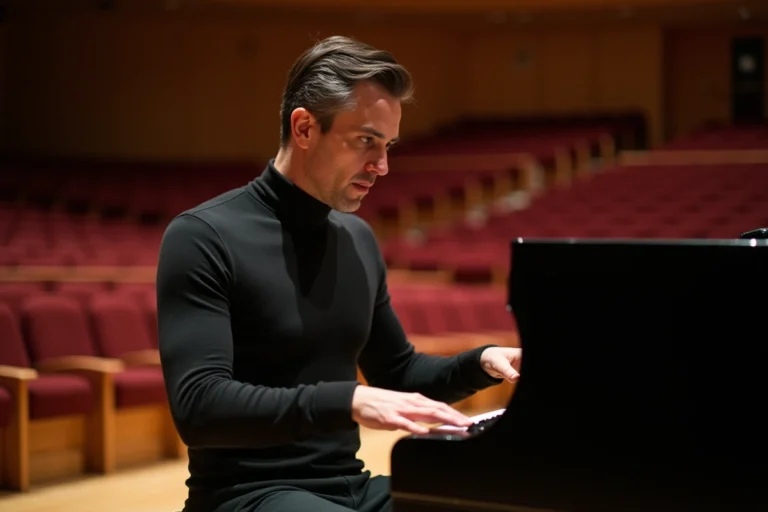 Musicien compositeur Igor Tikovoi assis au piano dans une salle de concert, reflet de sa carrière musicale inspirante