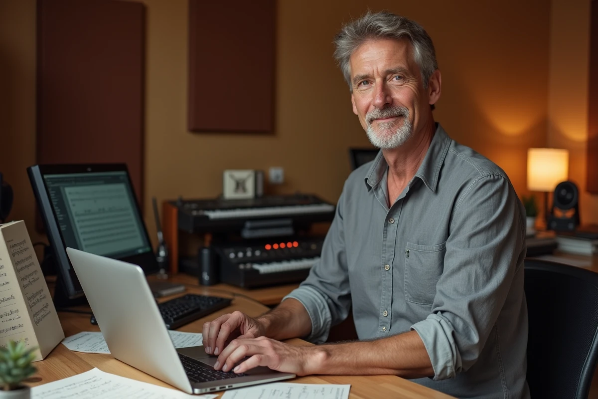 Igor Tikovoi dans son studio de composition entouré de partitions manuscrites et d'équipements musicaux professionnels