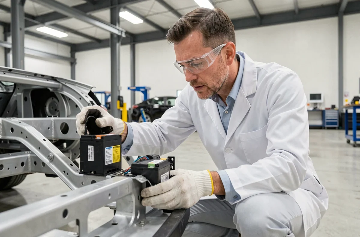 Ingénieur automobile examinant un module de batterie électrique dans un atelier industriel moderne