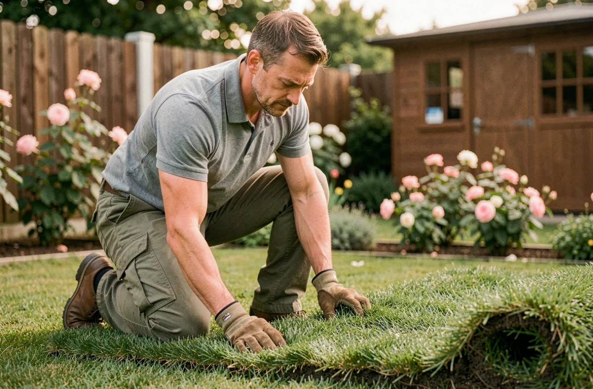 Jardinier professionnel posant du gazon hybride C4 sur une pelouse résidentielle avec outils et rouleau de gazon