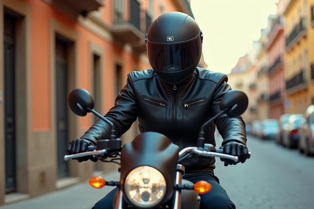 Motard en équipement homologué sur une 125cc dans une rue espagnole, illustrant le permis moto 125 en Espagne