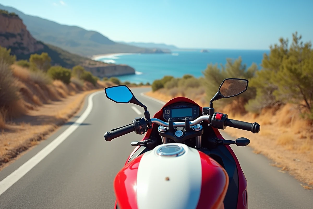 Moto 125cc garée sur une route côtière espagnole ensoleillée, symbole de la liberté permis moto Espagne 2024