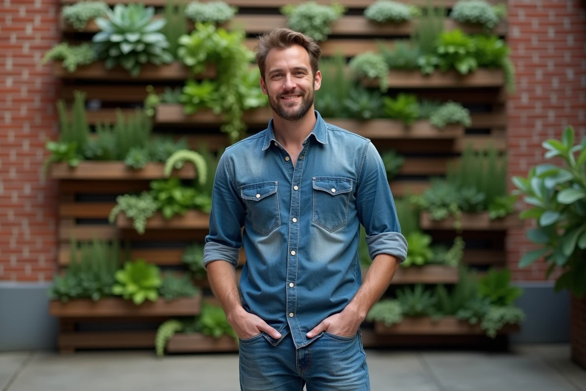 Homme devant un mur végétal vertical en palettes recyclées avec des succulentes dans une cour urbaine en briques