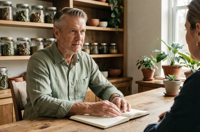 Naturopathe Didier Pinel en consultation dans son cabinet naturel, entouré de plantes et de plantes médicinales séchées
