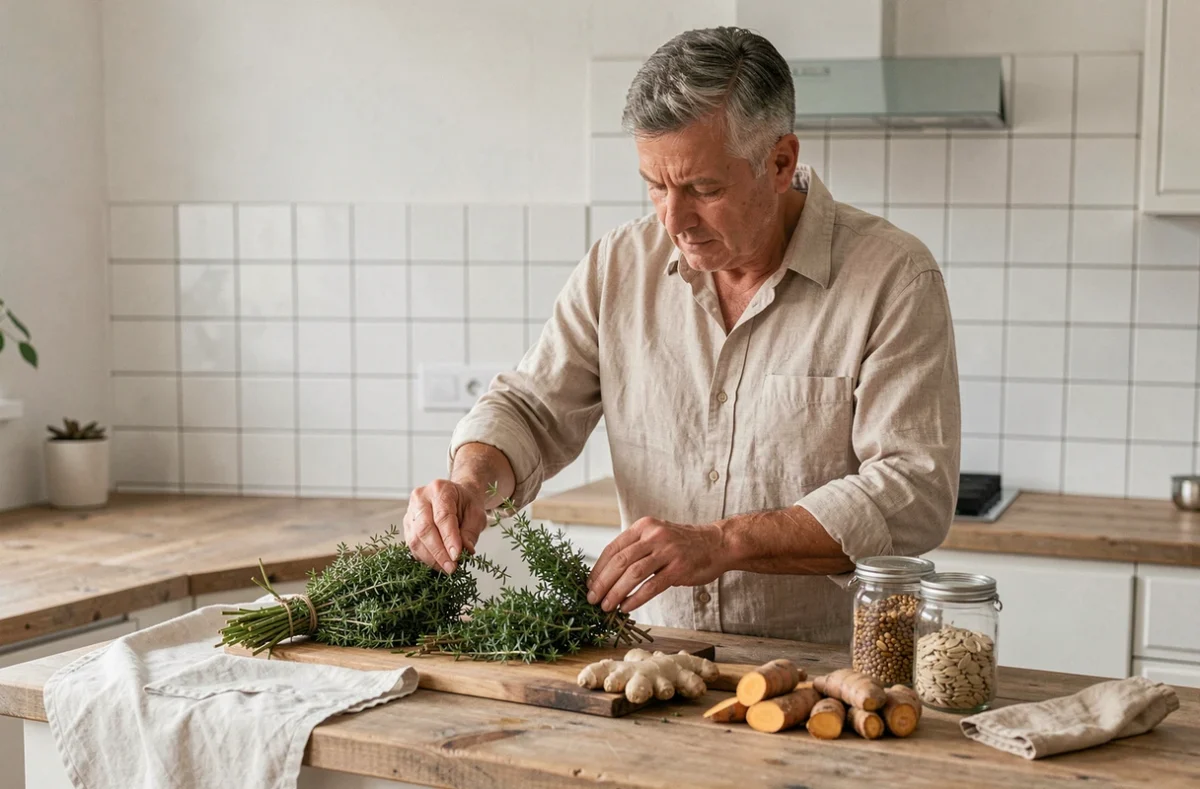 Naturopathe préparant des plantes médicinales et aliments sains sur un comptoir en bois dans une cuisine naturelle