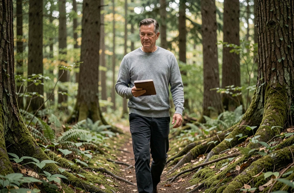 Naturopathe marchant en forêt et observant des plantes sauvages, symbolisant une approche holistique du bien-être naturel